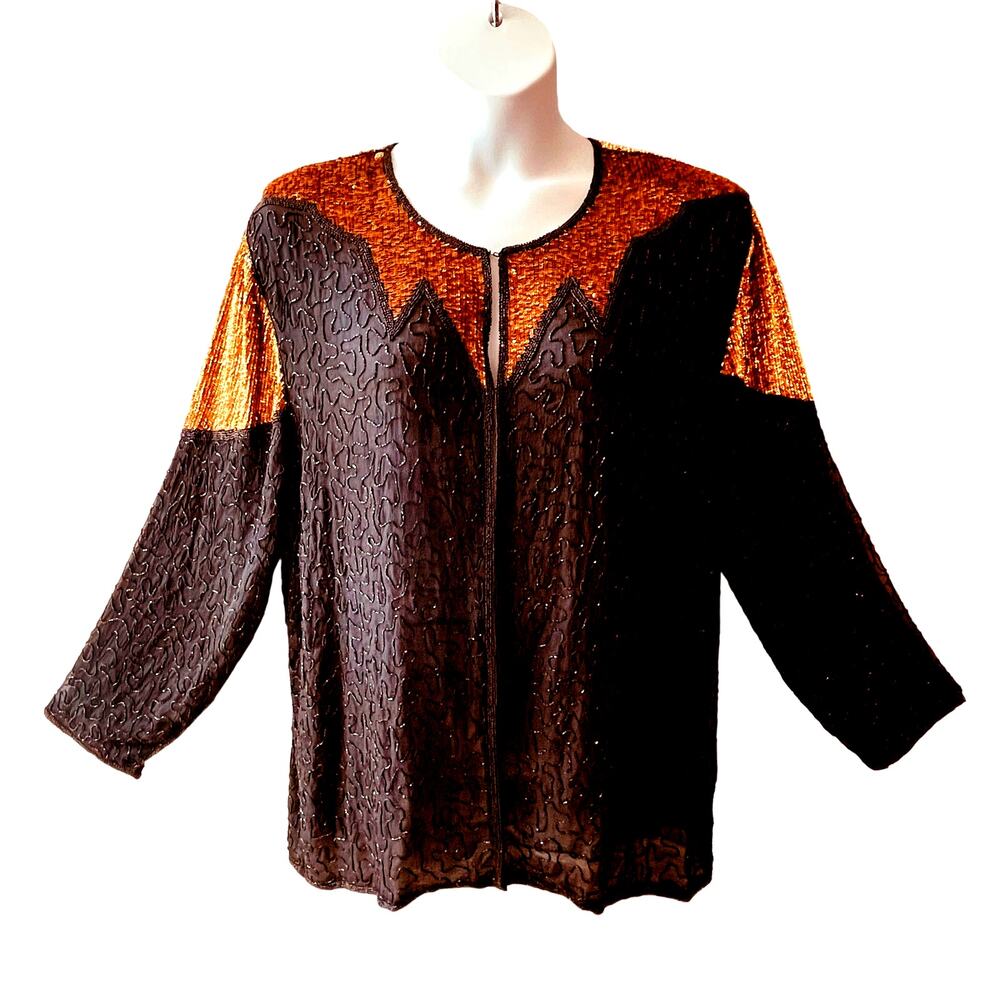 VINTAGE 80s Jet Bead & Copper Sequined Silk Evening Jacket Top Size XL